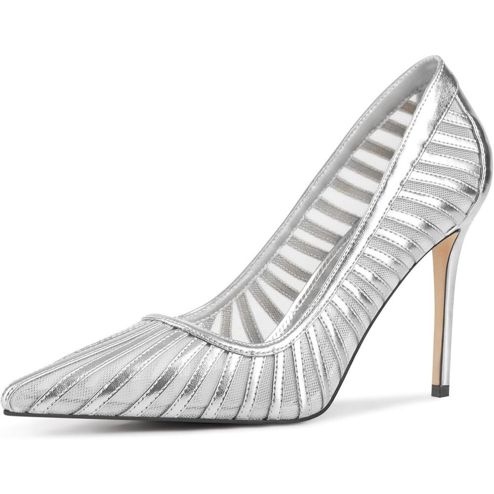 Women's Silver Pumps Pointed Toe Heels Closed Toe Mesh Pumps High Stiletto Heel